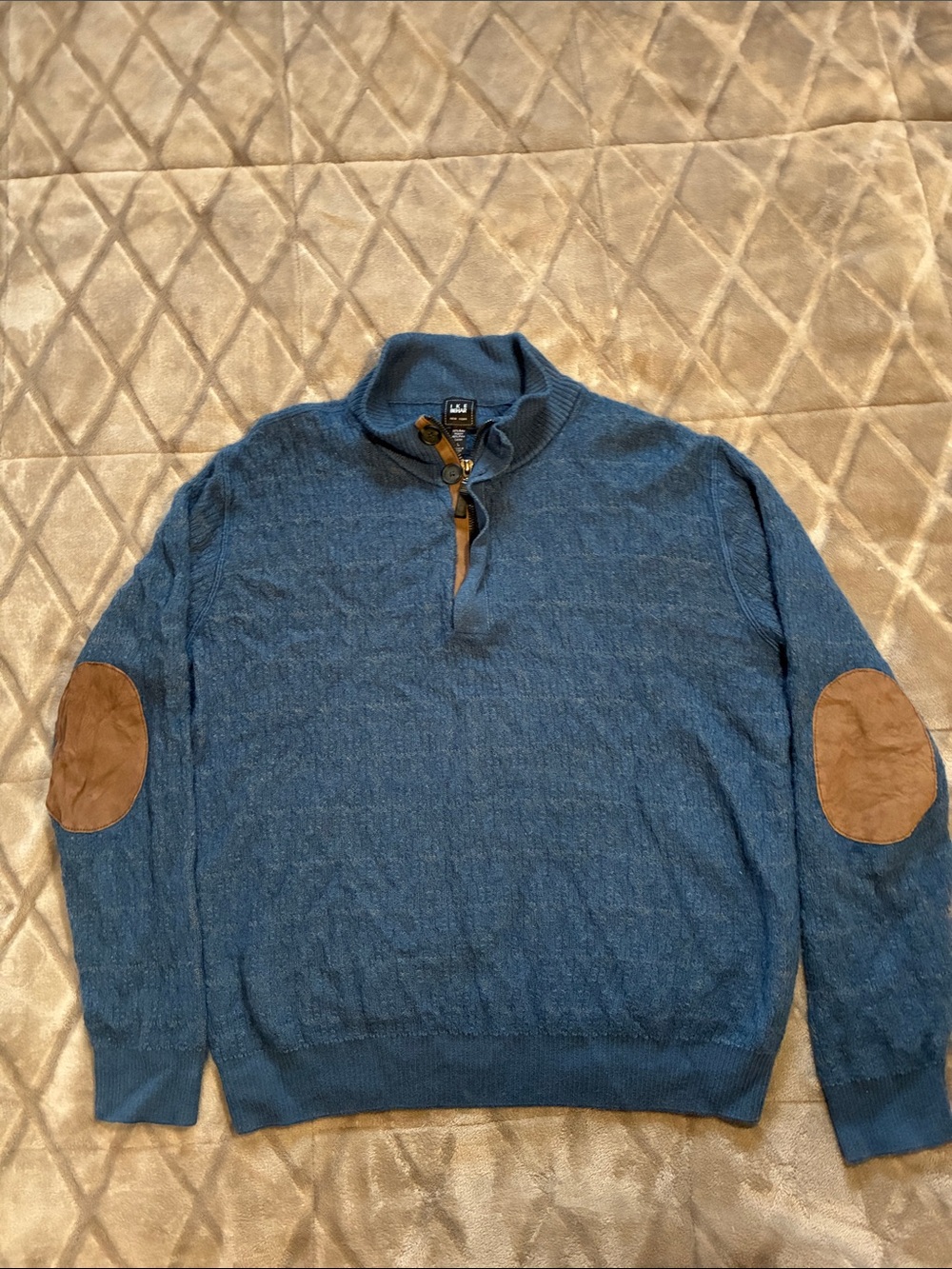 Ike Behar Alpaca/Pima Cotton Quarter zip with brown elbow patches Men’s Large